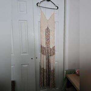 ILLA ILLA Becky Cream/Brown/Mustard Smocked Floral Maxi Dress, Sz L